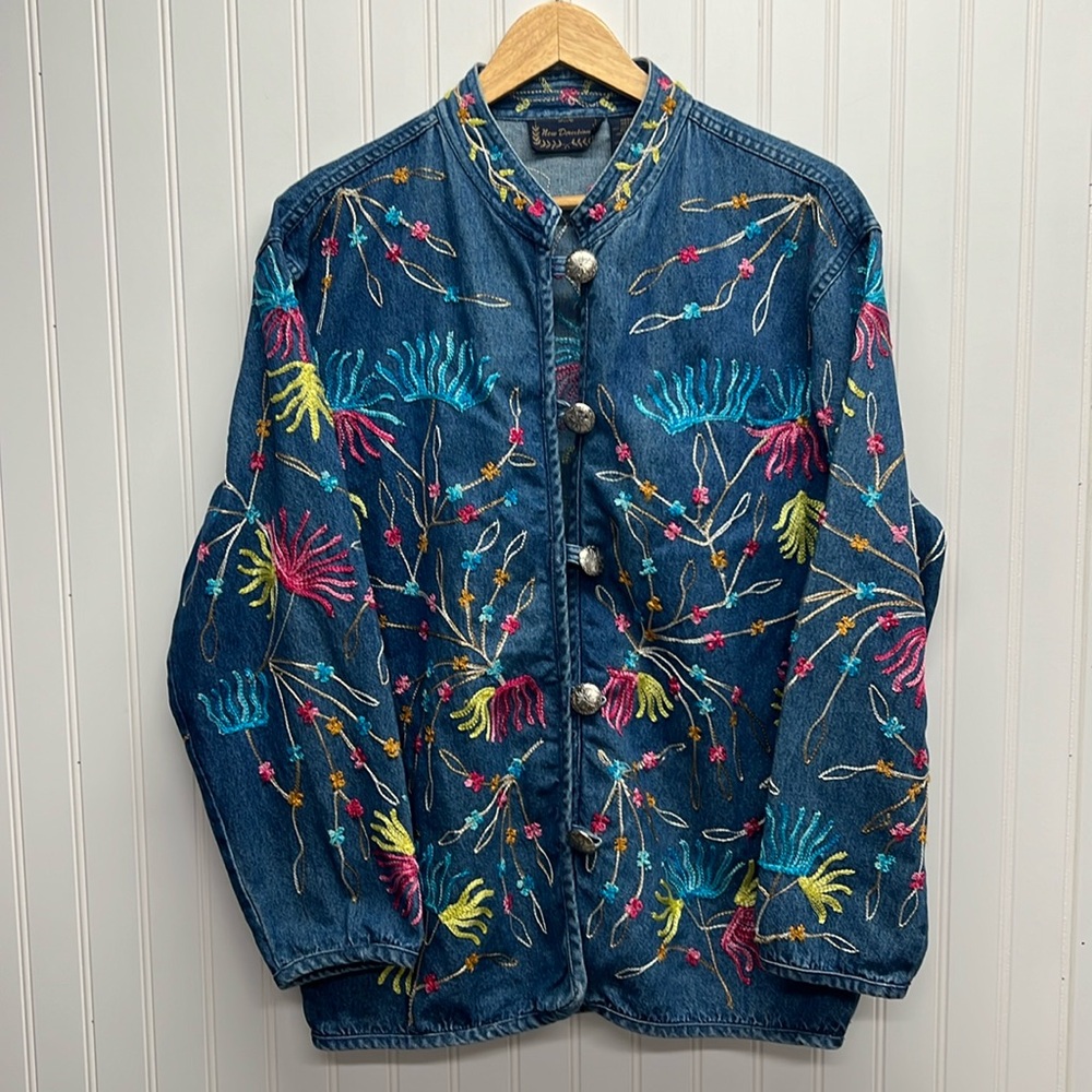 Vintage New Direction Denim Jean Jacket Blue Floral Colorful Embroidery Sz M